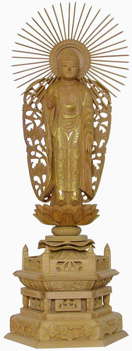 木製阿弥陀立像六角台座￼唐草光背/金泥書/(お西様用) 全長約45cm