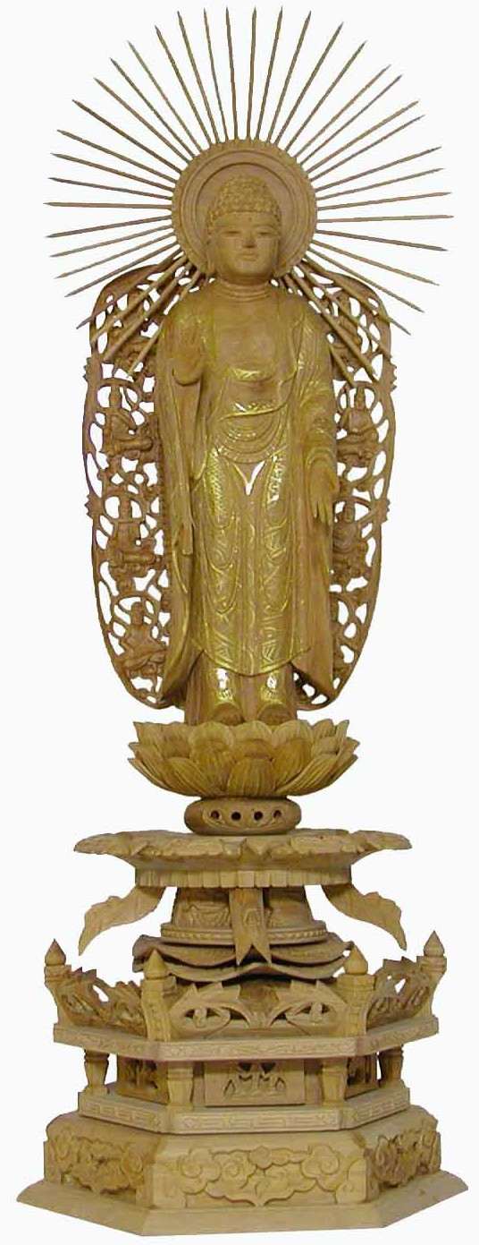 阿弥陀如来　東　総白檀　ケマン台　5寸 白檀 六角台座 東立弥陀 東型光背 木地 3.5寸～5.0寸 | 激安仏壇
