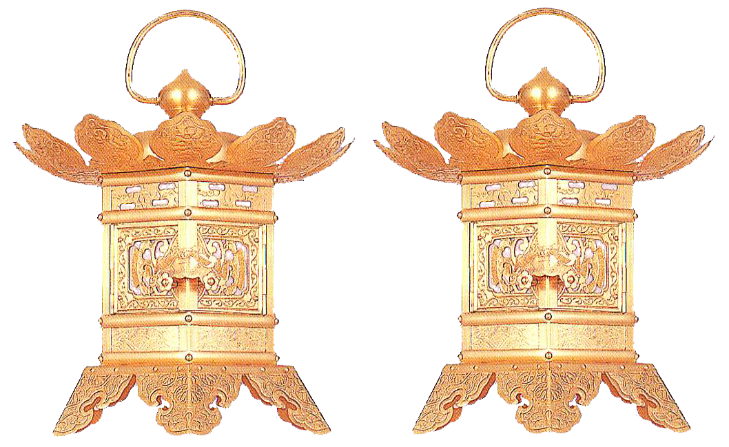 DN834 時代物 古銅花唐草透文六角猫足型神前灯篭・銅六角形吊灯籠・銅燈篭・銅燈籠 重量2.6kg 京都製 金灯篭(六角型神前灯篭) 一対 銅地 金箔押 [猫足or丁