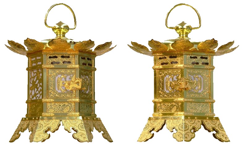 DN834 時代物 古銅花唐草透文六角猫足型神前灯篭・銅六角形吊灯籠・銅燈篭・銅燈籠 重量2.6kg 京都製 金灯篭(六角型神前灯篭) 一対 銅地 金箔押 [猫足or丁